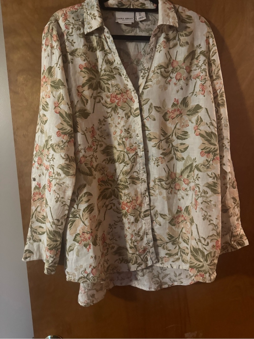 Linen Laura Ashley Cream Floral Button-Front Blouse with Green Leaf Print